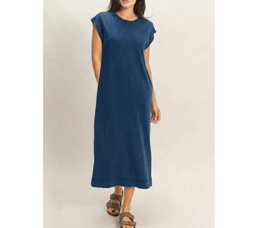 Chocolate Mineral-Wash Cap Sleeve Midi Dress
