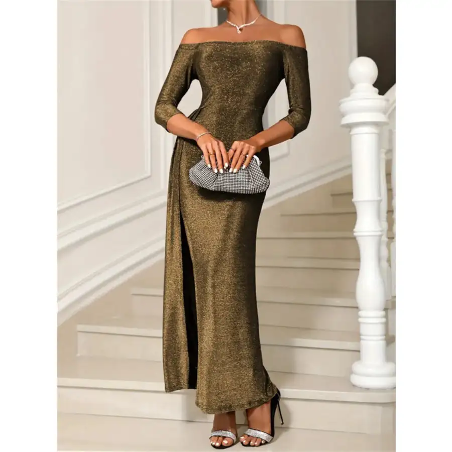 Slit Off-Shoulder Long Sleeve Midi Dress