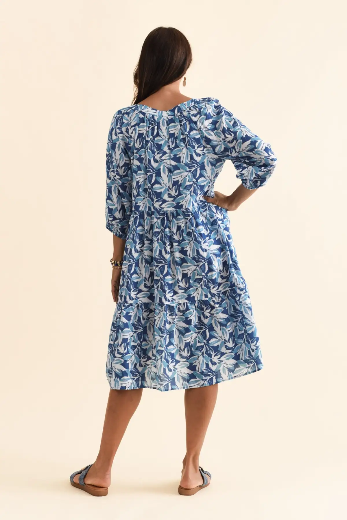 Floral Cotton Round-Neck Three-Quarter-Sleeve A-Line Relaxed Below-Knee Dress