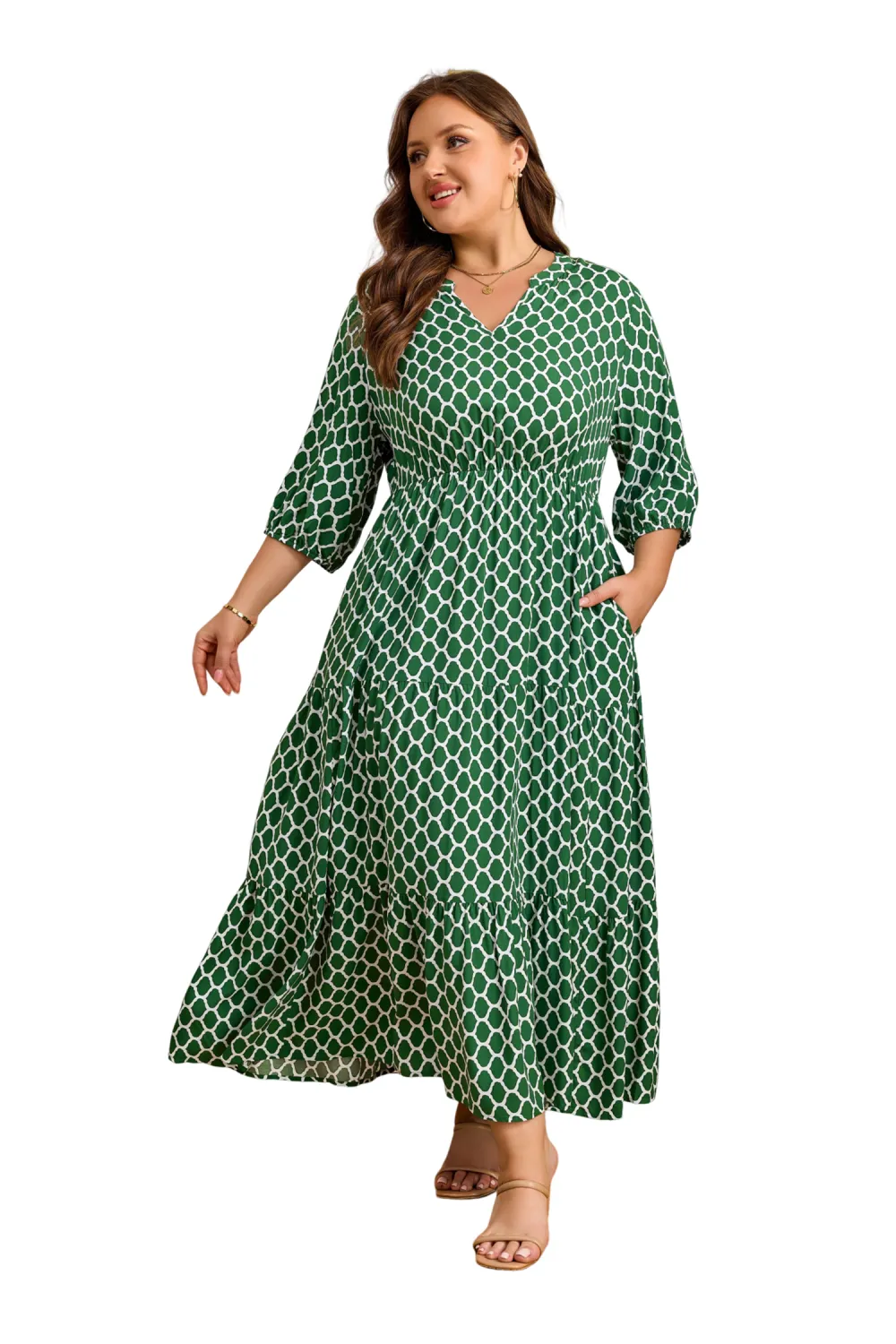 Green Geometric Ruffle Hem Dress