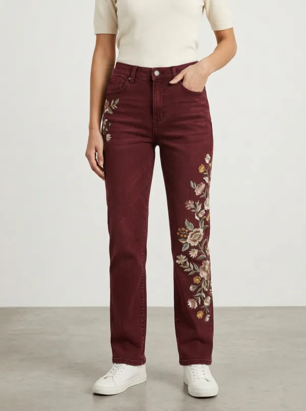 Women's Floral Nature Lover Embroidered Printed Straight Jeans