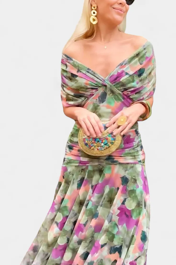  Off Shoulder V Neck Midi Dress