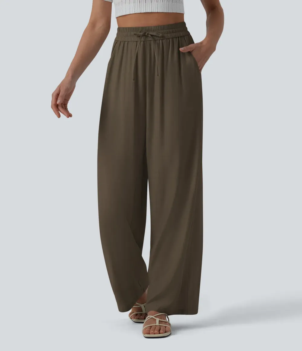 2026🔥High Waisted Drawstring Wide Leg Casual Linen-Blend Trousers with Pockets