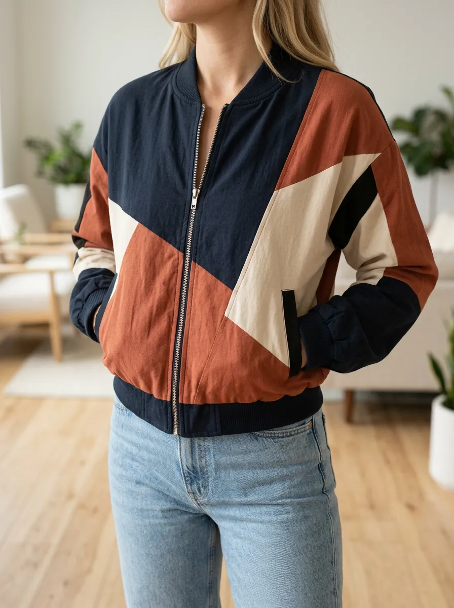 Women's Refined Geometric Colorblock Bomber Jacket