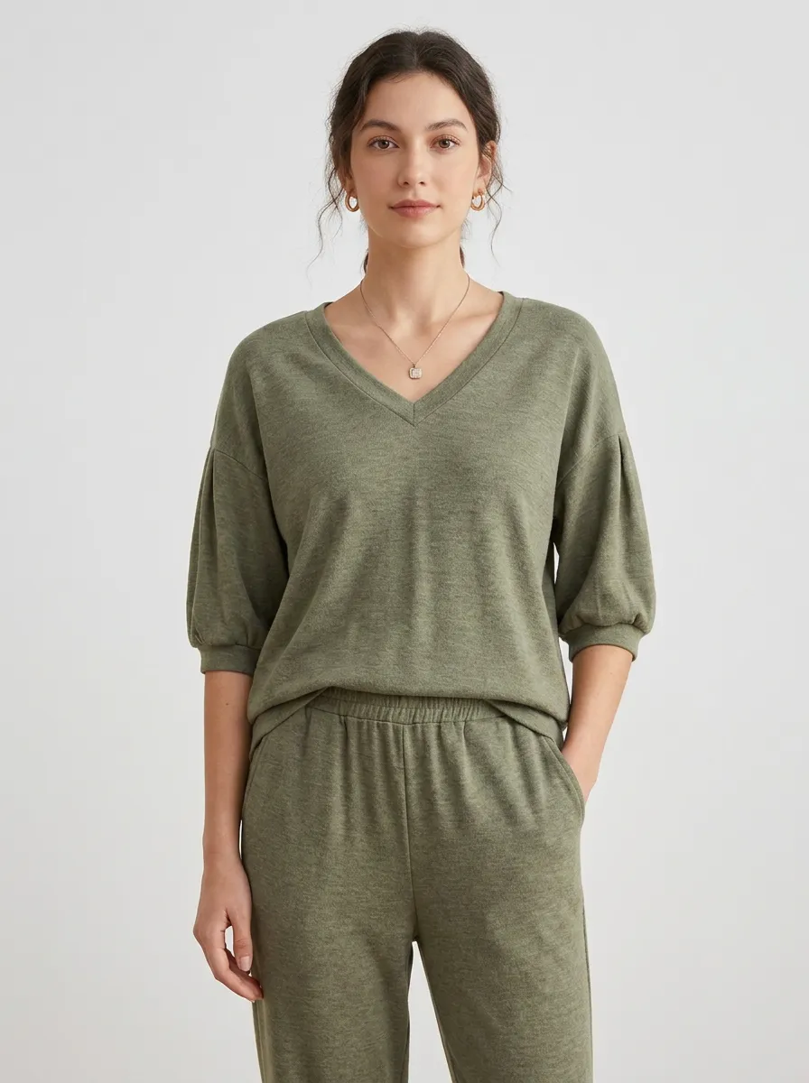 Short-Sleeve Ribbed Puff-Sleeve Women's V-Neck Shirt