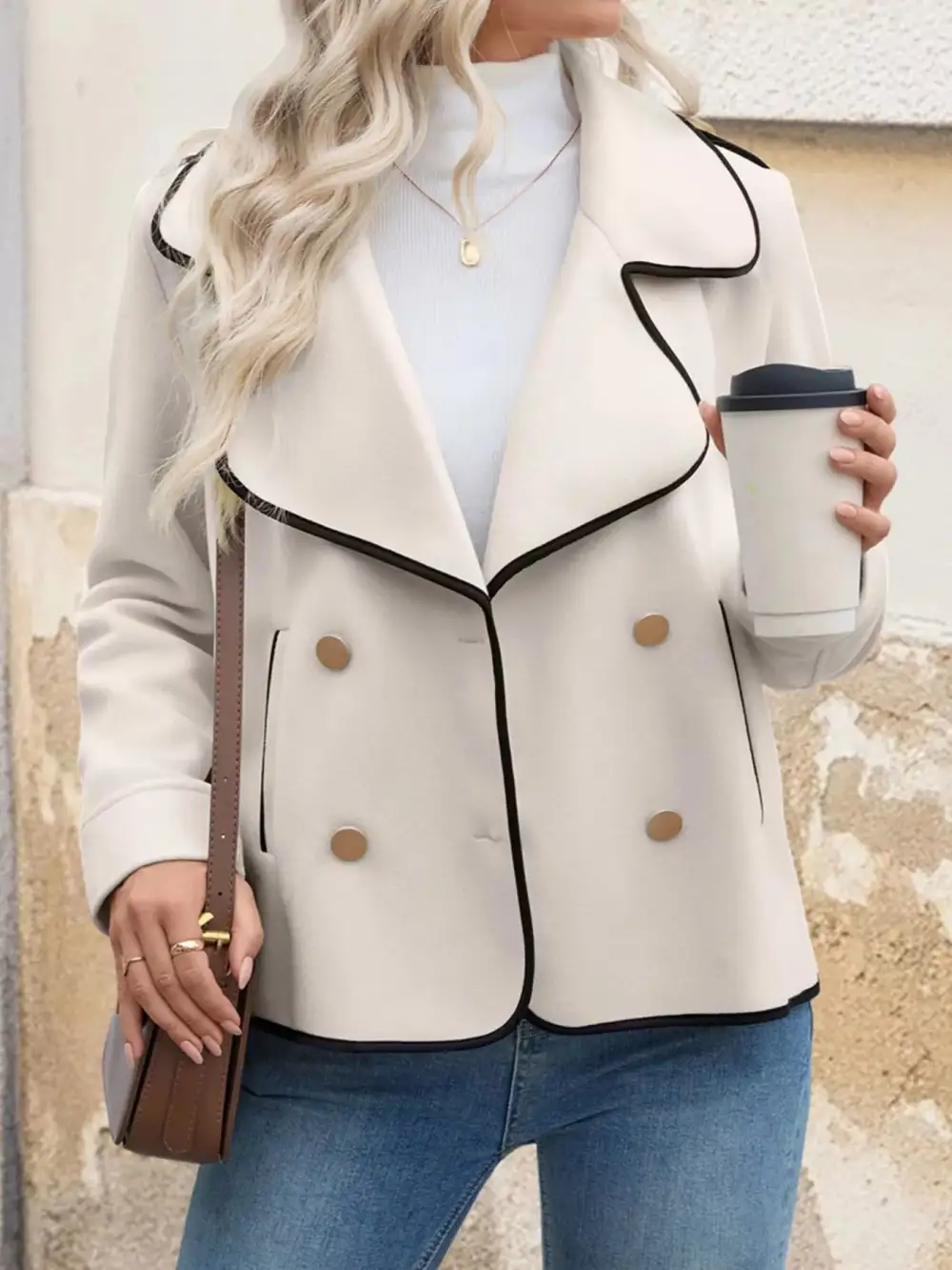 Contrast Trim Double-breasted Jacket