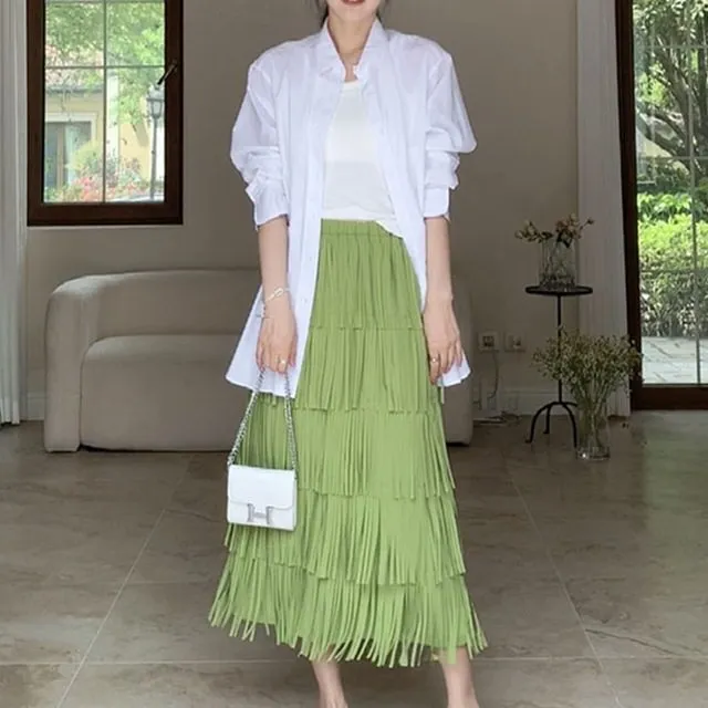 Five Layer Fringe Straight Long Skirt
