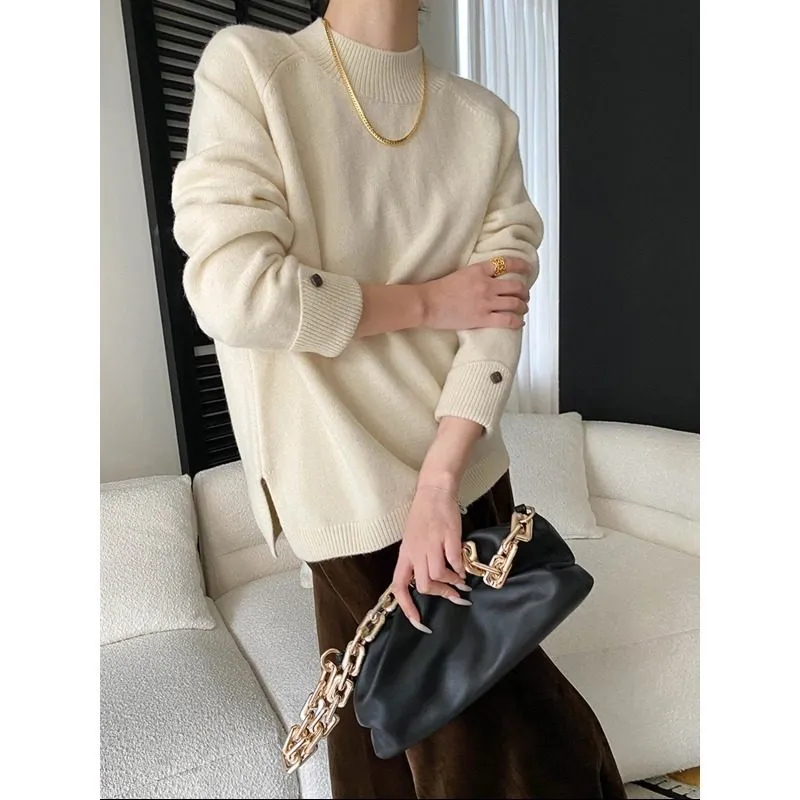 Textured Fold Cuff Half Neck Pullover Sweater