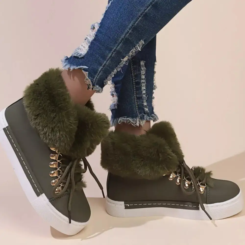 Refined Fuzzy Trim Lace-Up Ankle Boots