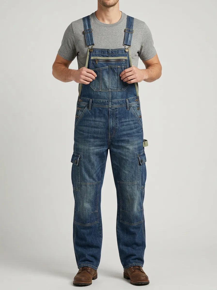 Men's Vintage Denim Cargo Bib Overalls