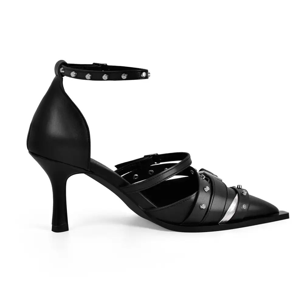 Modern Rivet Pointed Toe Stiletto Ankle Strap Pumps