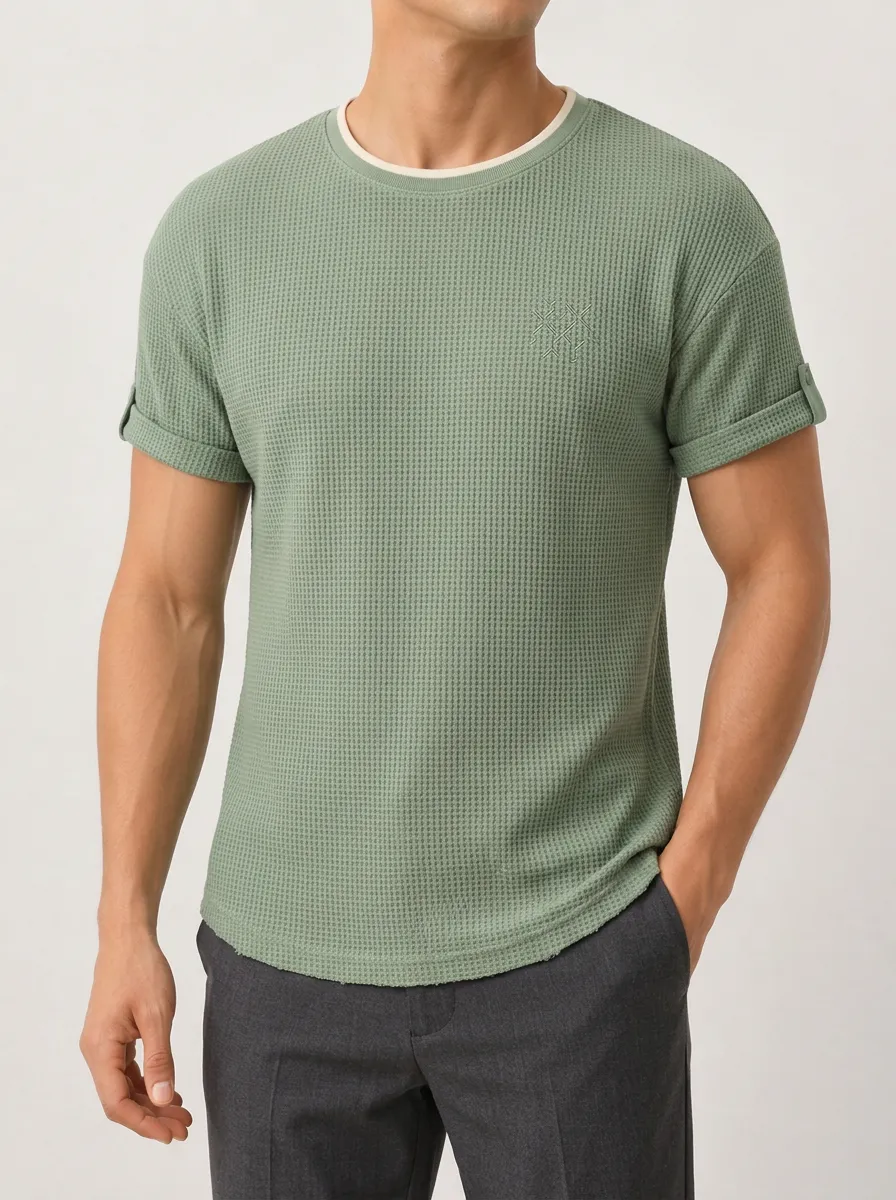 Men's Sage Green Waffle Knit Embroidered Logo Short Sleeve Top
