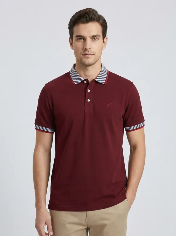 Men's Navy Blue Striped Collar Embroidered Polo Shirt