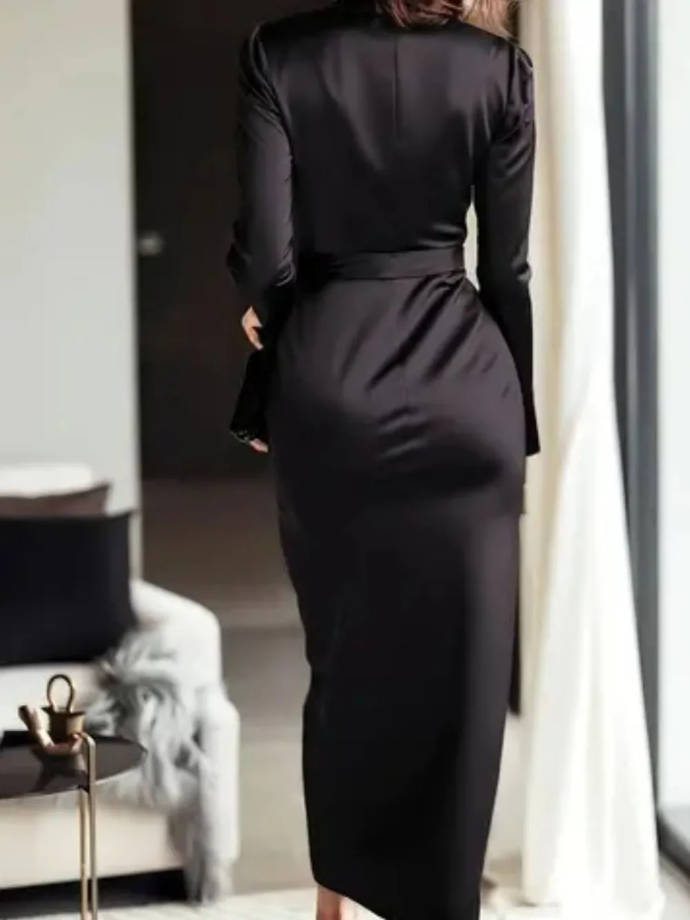 Satin Tie Waist Long Sleeve Dress Casual