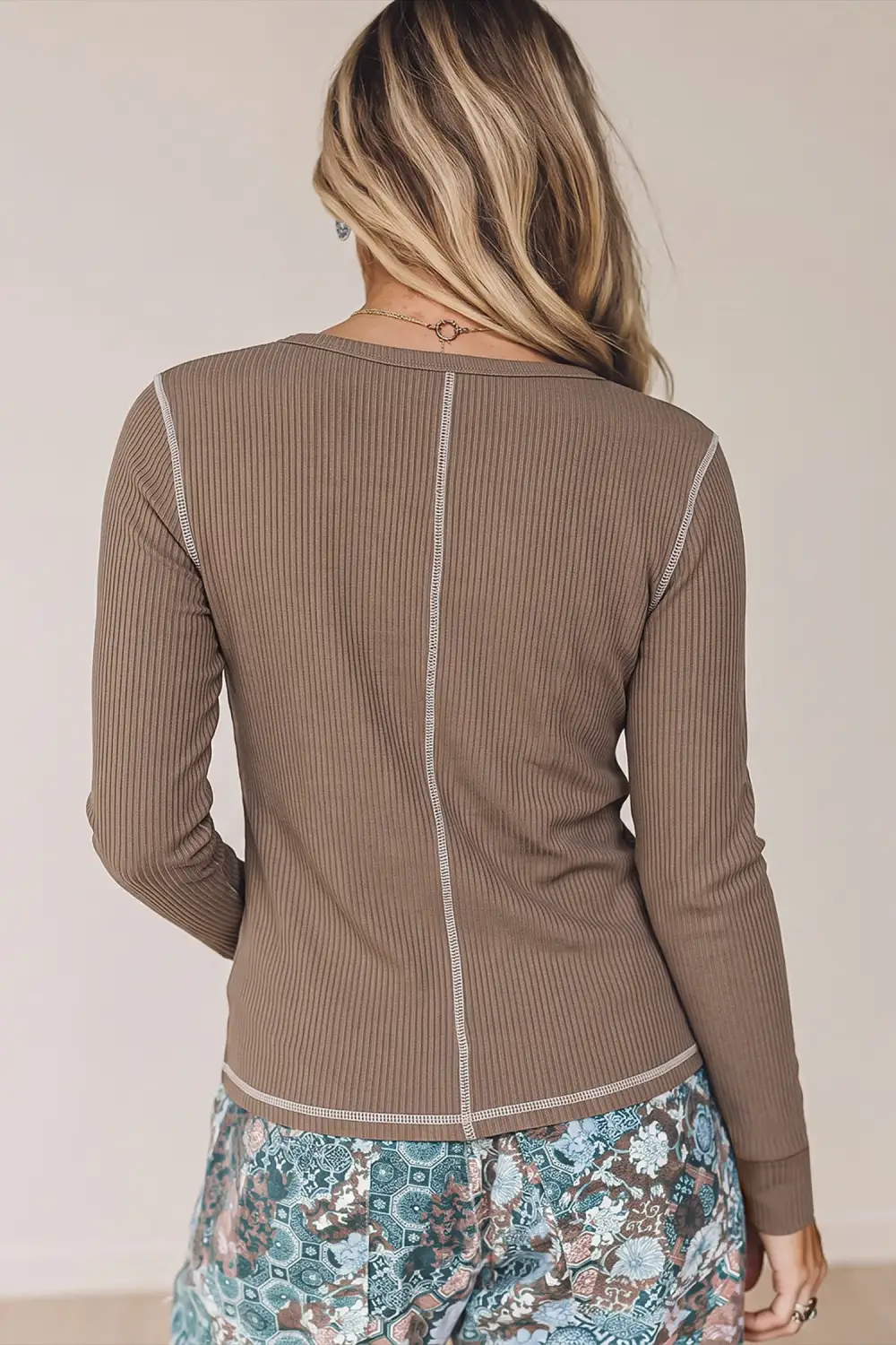 Solid V Neck Ribbed Relaxed Long Sleeve Top