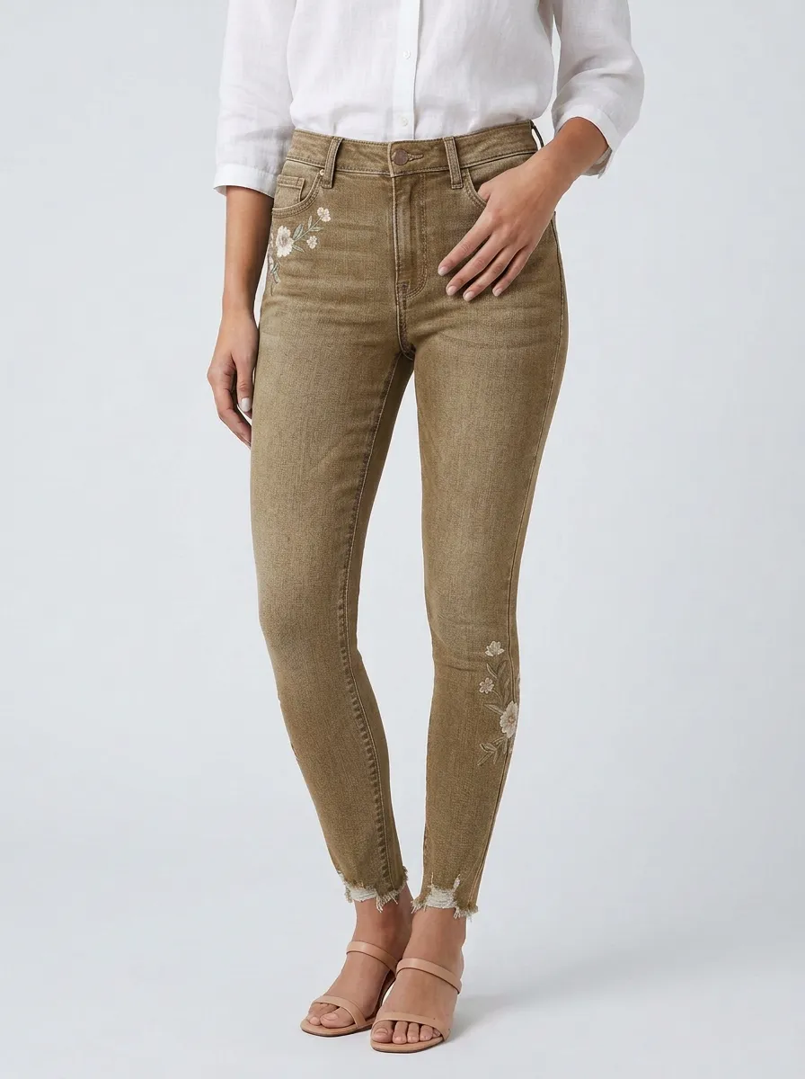 Women's Floral White Flower Embroidered Printed Slim Jeans