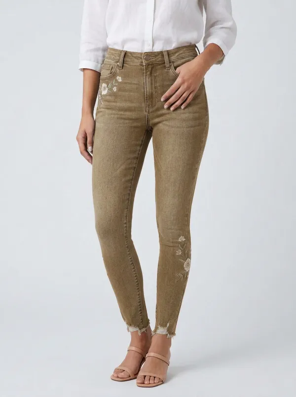 Women's Floral White Flower Embroidered Printed Slim Jeans