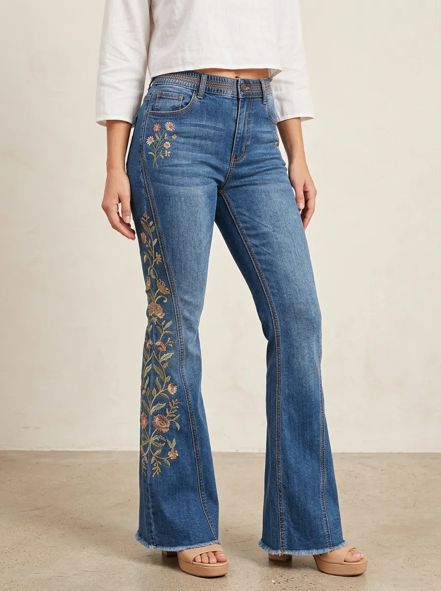 Women's Blue Floral Embroidery Raw Hem Flare Jeans