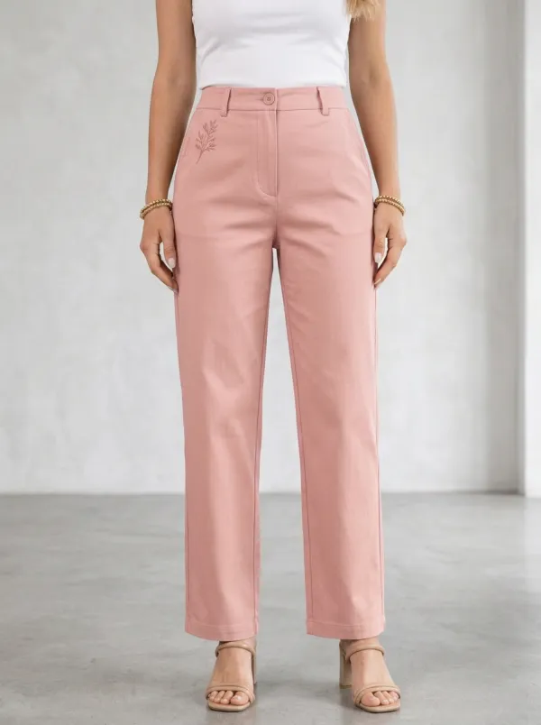Women's Botanical Minimalist Leaf Printed Mid-Rise Straight Leg Pants