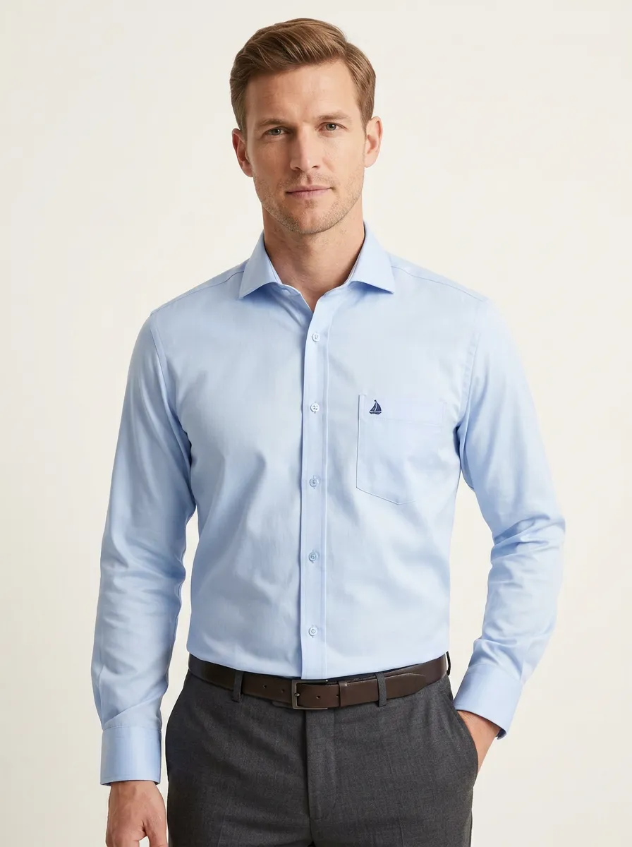 Men's Non-Iron Cotton Sailboat Embroidered Long Sleeve Shirt