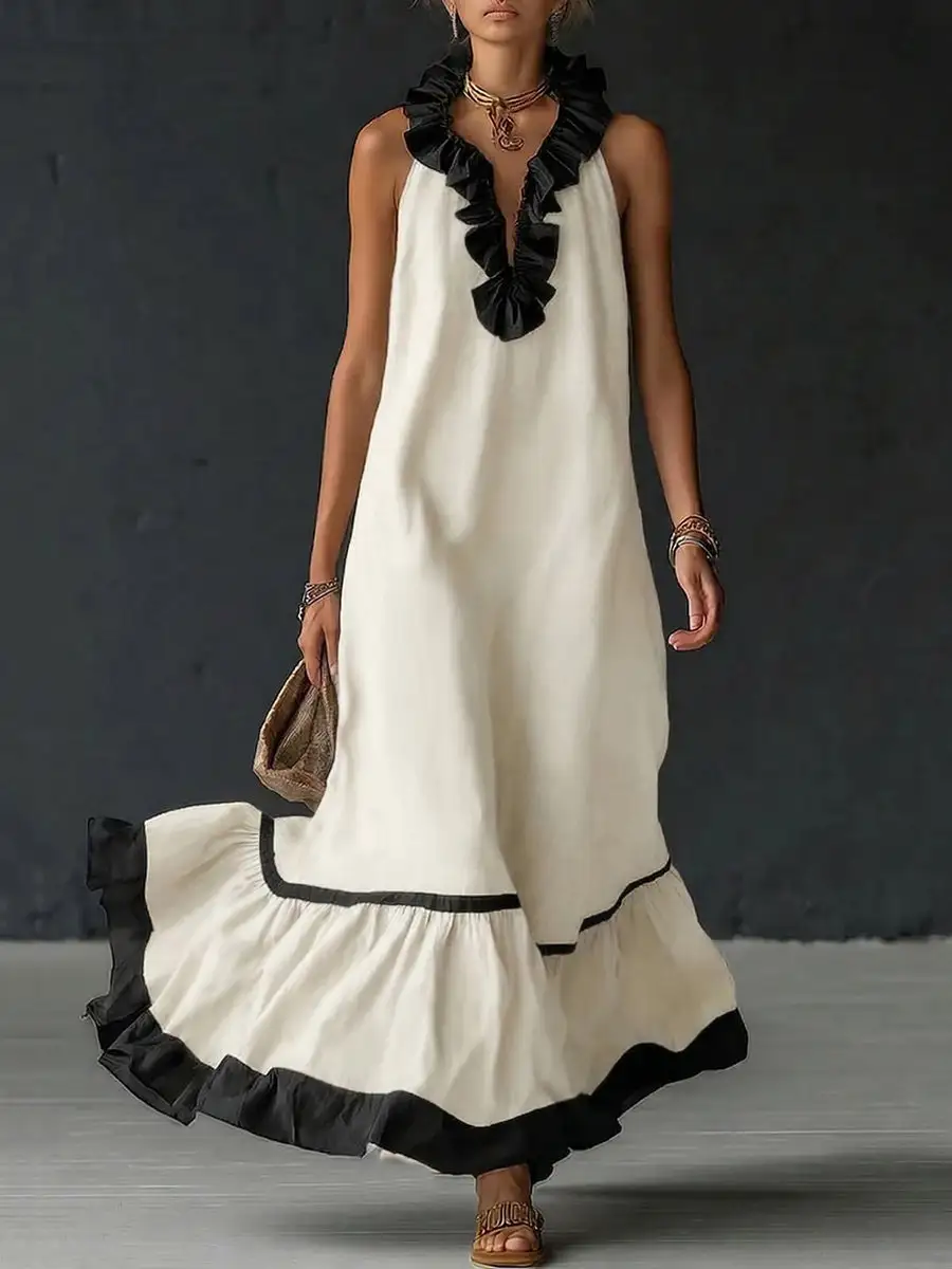 Trim Pleated Neck Maxi Dress