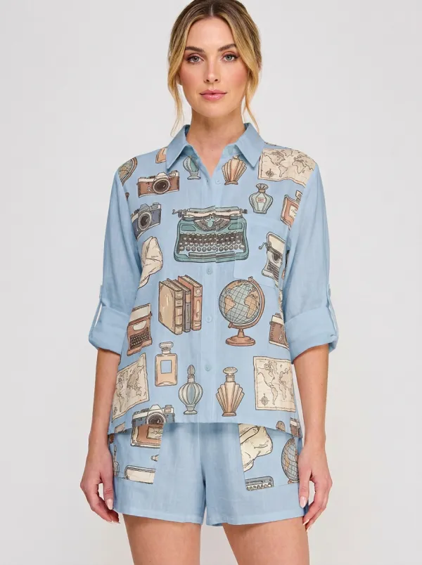Women's Vintage Traveler Retro Object Printed Button-Down Shirt
