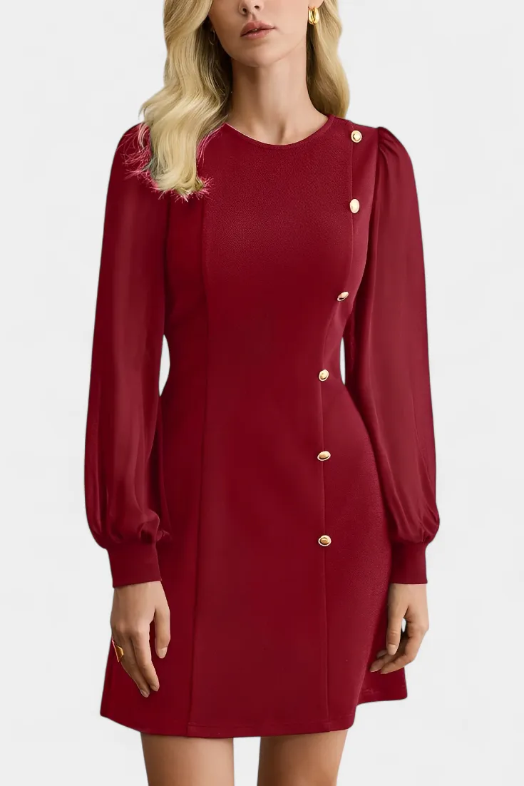 Buttoned Long-Sleeve Midi Dress