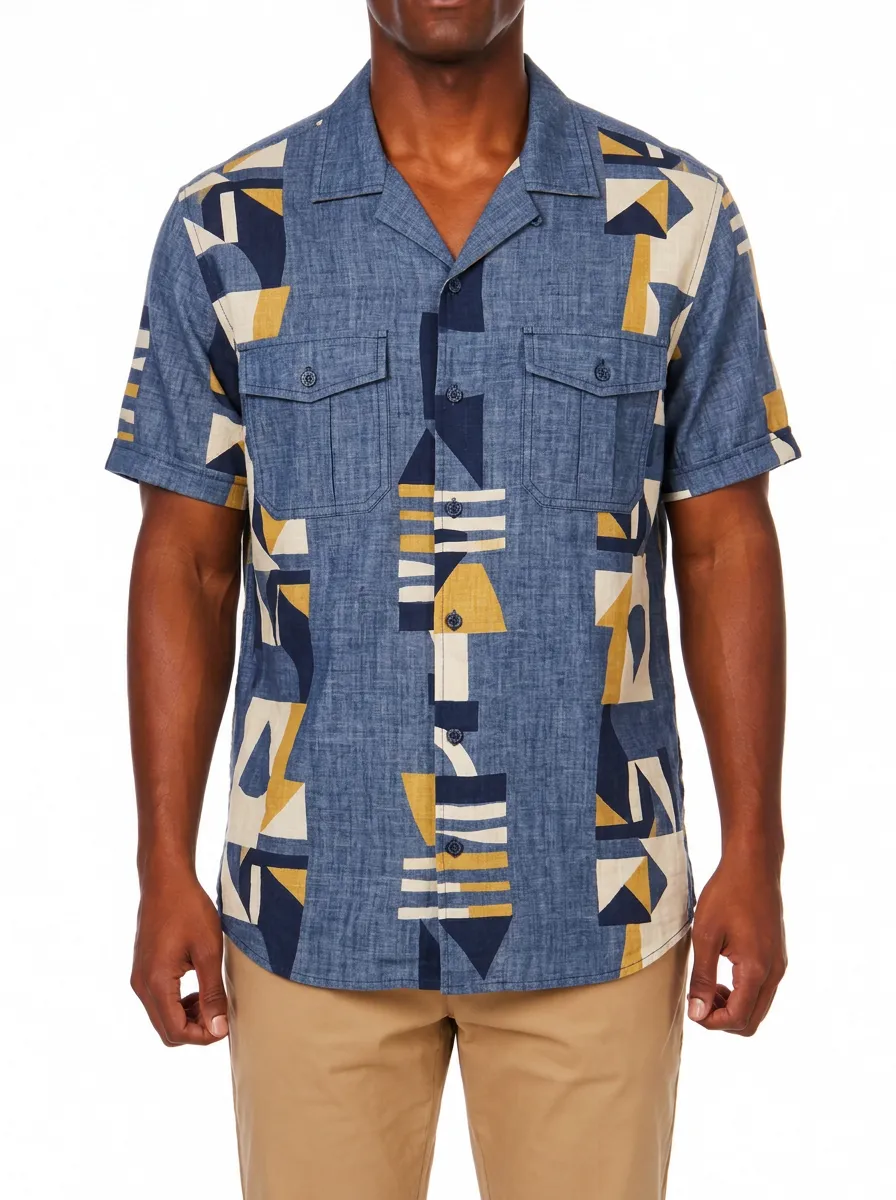 Men's Geometric Pattern Blue Yellow Printed Shirt