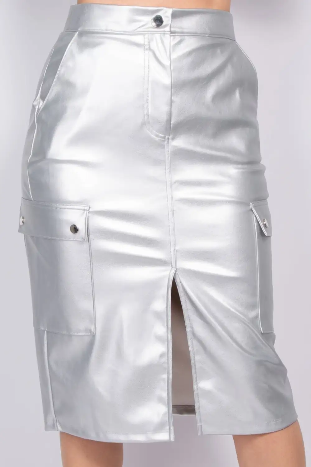 Button Front Faux Leather Skirt