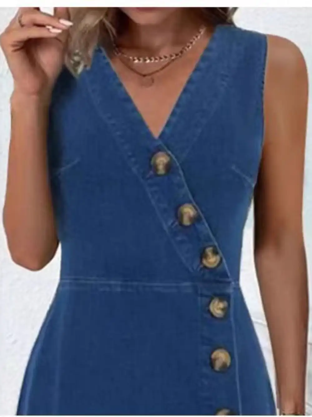 Relaxed Shape Denim Button Front Sleeveless Dress