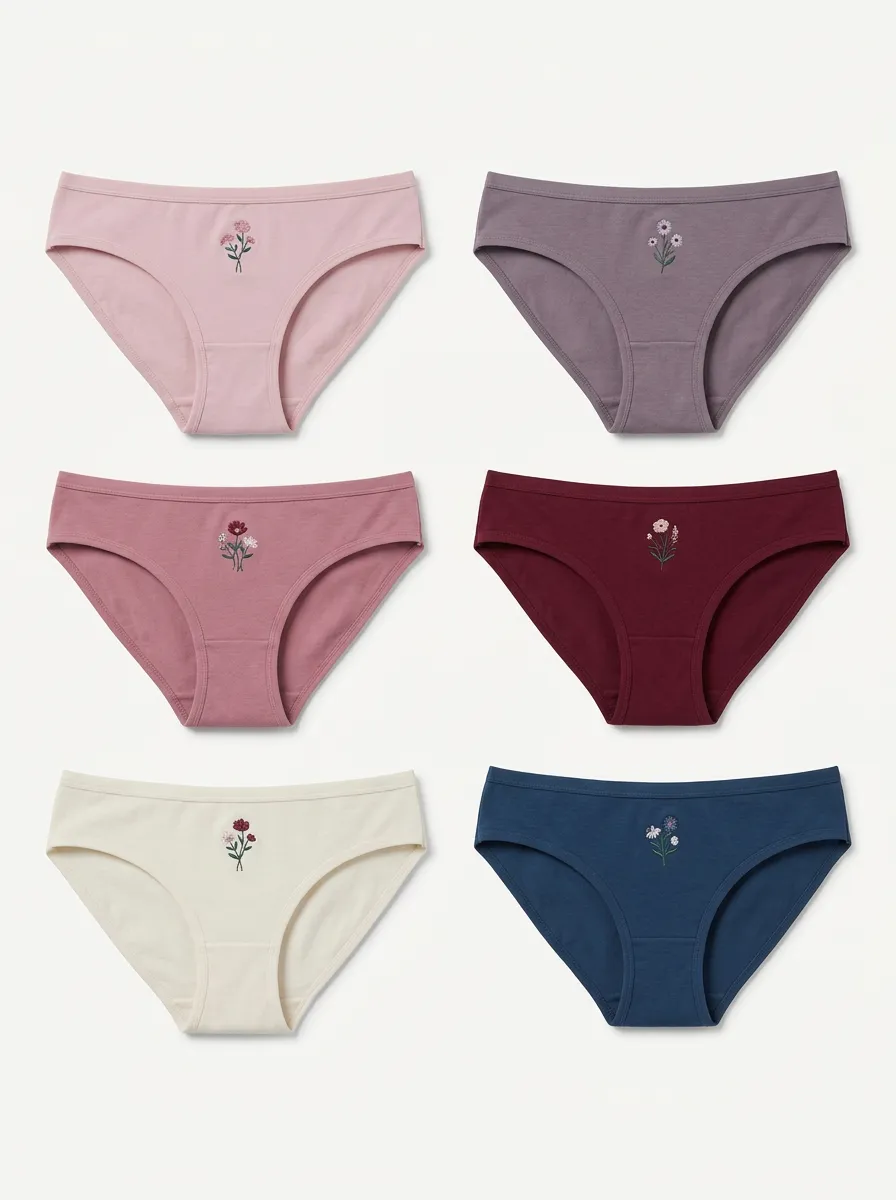 Women's Six-Pair Center-Floral Embroidered Bikini Brief Set