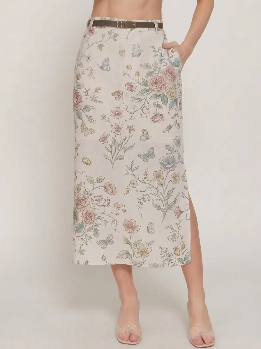 Women's Belted Floral Butterfly Botanical Printed Midi Skirt