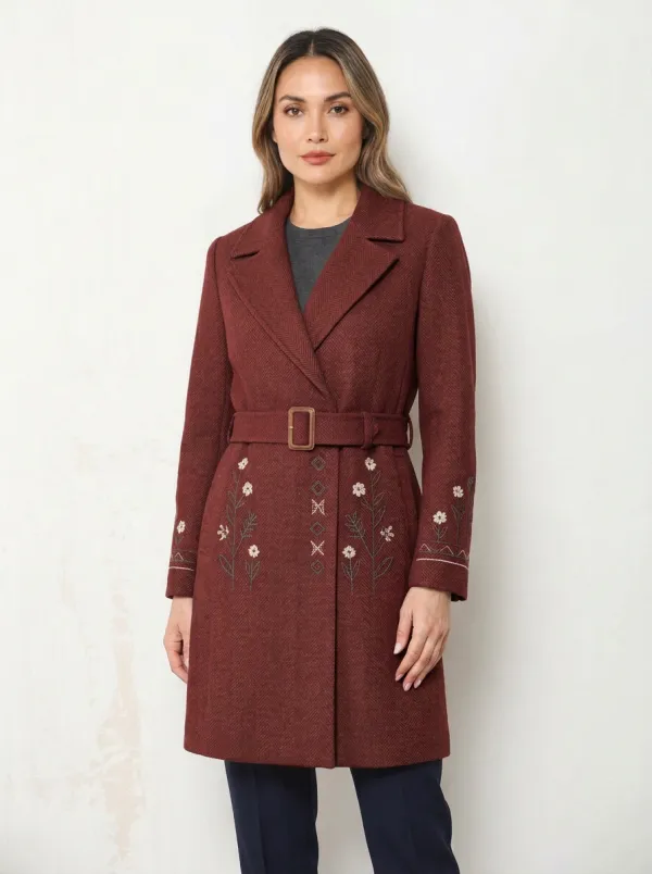 Women's Floral Embroidered Herringbone Belted Coat