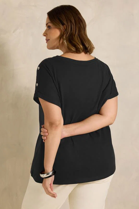 Black Button Shoulder T-Shirt detail 2