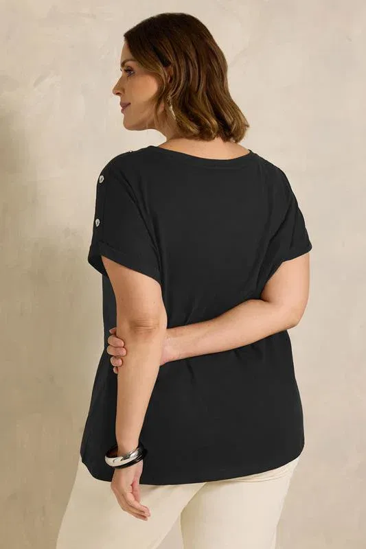 Black Button Shoulder T-Shirt