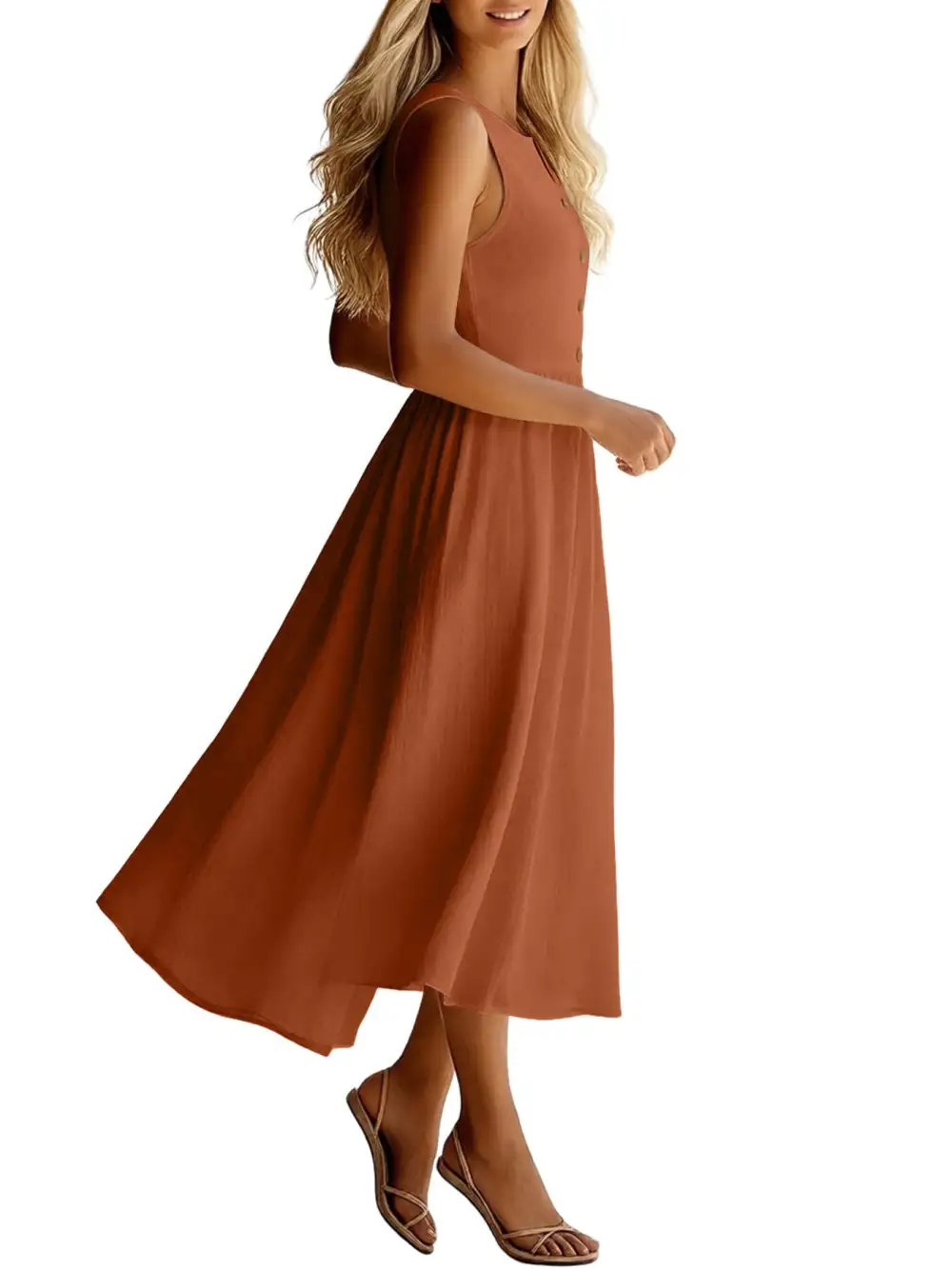 Sleeveless Button Front Flowy Midi Dress