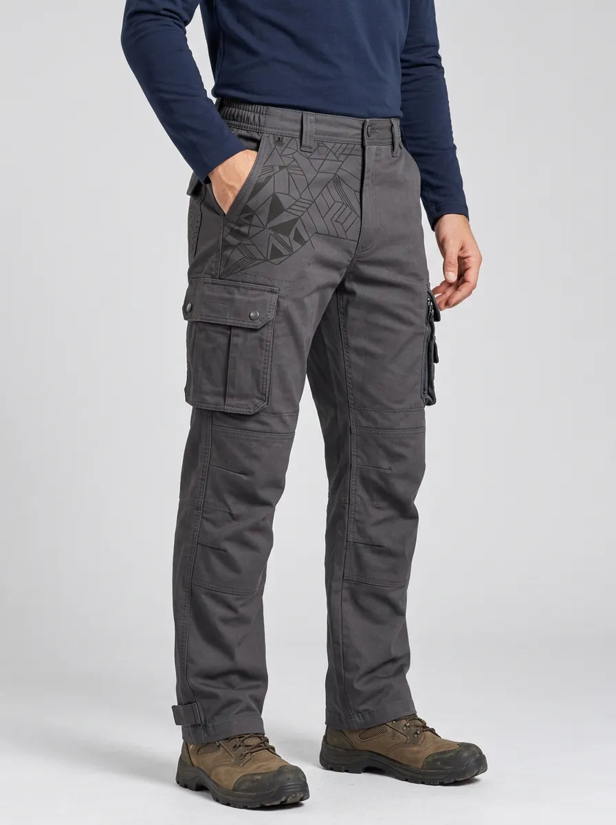 Men's Charcoal Grey Geometric Reinforced Knee Tactical Cargo Pants