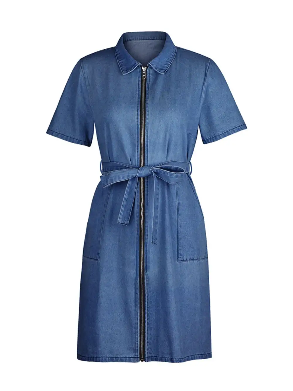 Denim Zip Front Short Sleeve Dress Casual