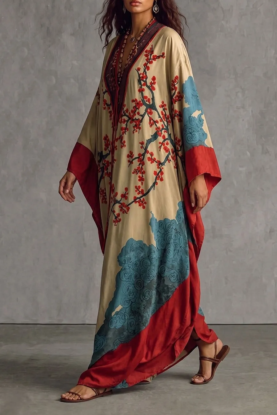 Classic Batwing Sleeve Printed Maxi Dress