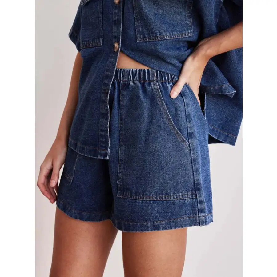 Drawstring Elastic Waist Pocketed Denim Shorts