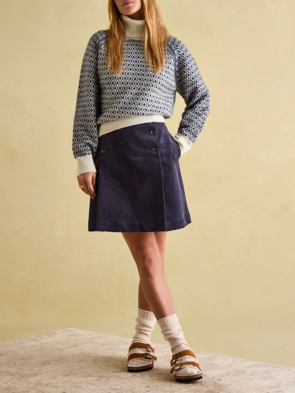 Cream/Navy Patterned Jumper with Detachable Roll Neck