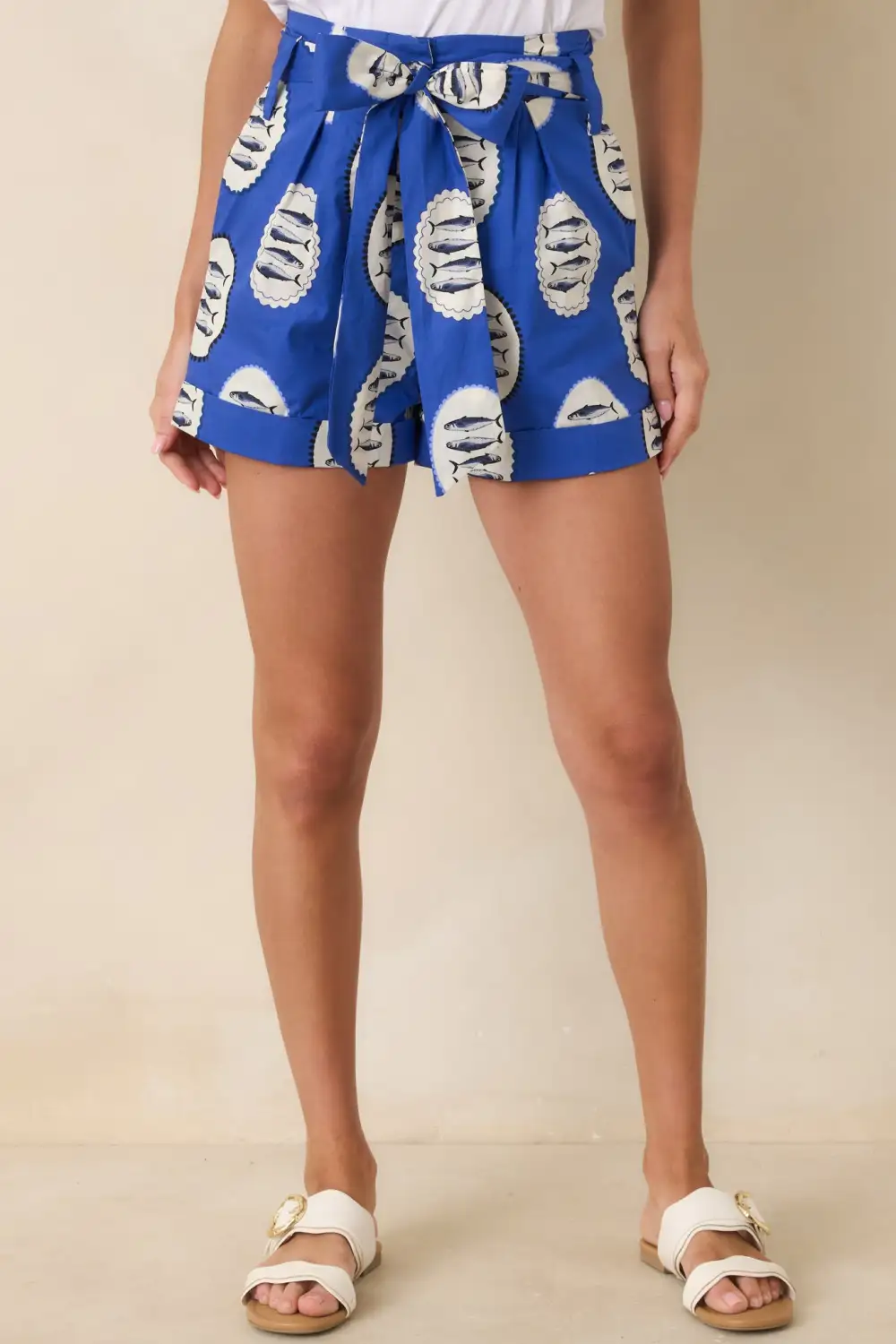 Tie-Belt Cotton Fish-Print Shorts