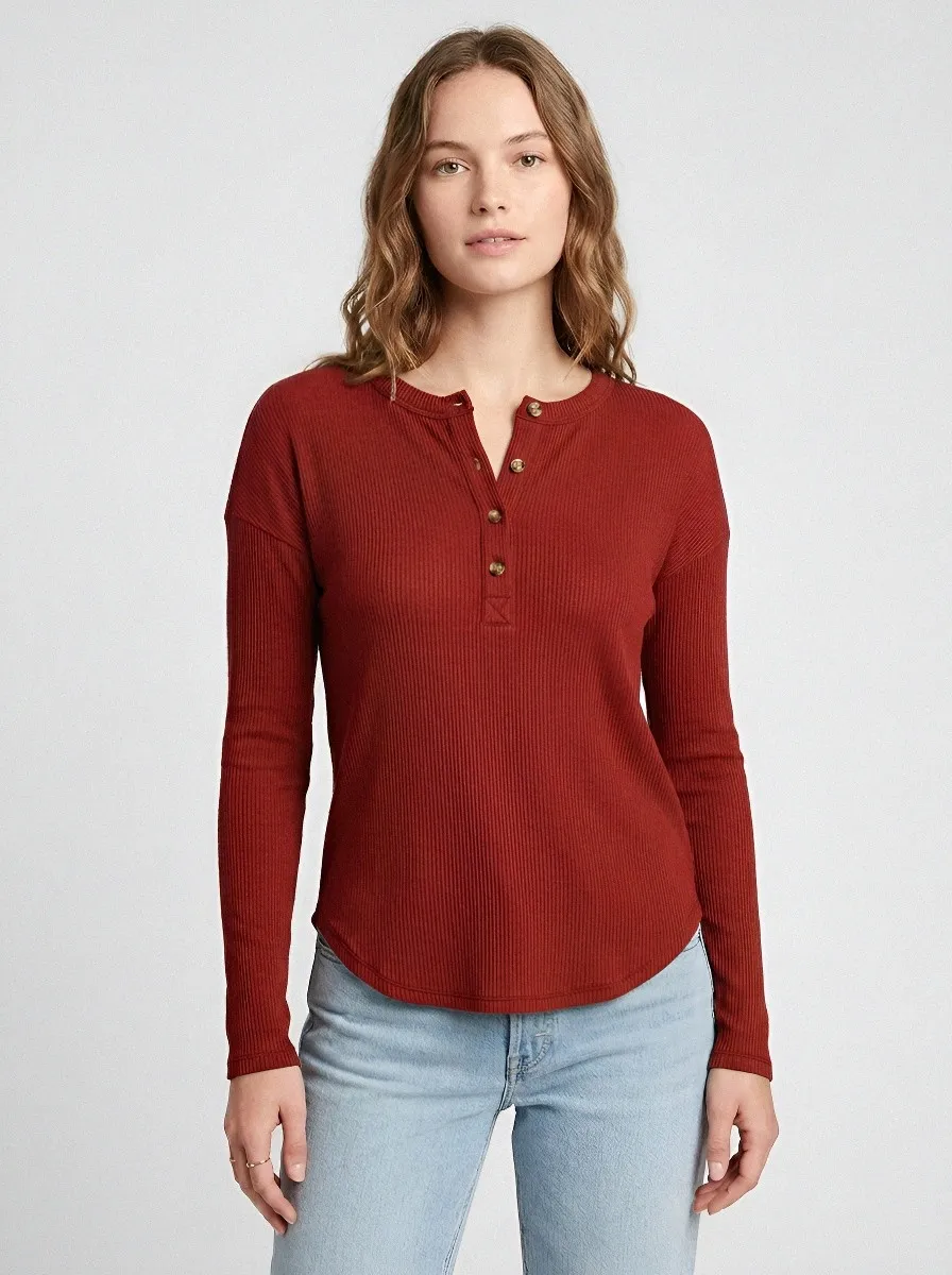 Women's Olive Green Ribbed Long Sleeve Button Henley Shirt