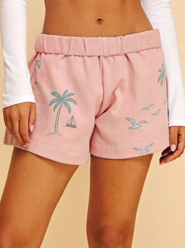 Women's Coastal Palm Tree Sailboat Seagull Graphic Shorts