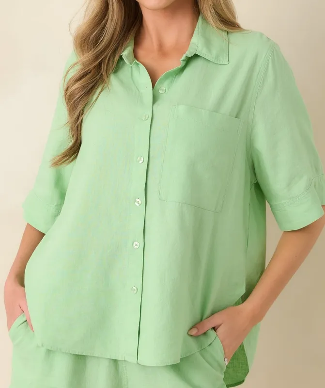 Light Green Linen Blend Button-Down Top