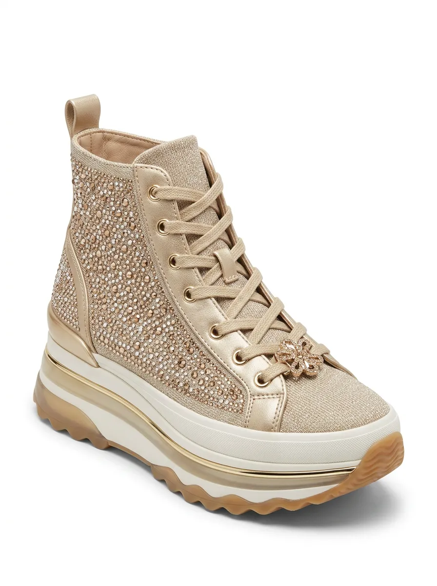 Floral Lace-Up High-Top Women's Rhinestone Platform Shoes