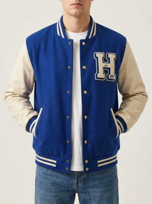Men's Letter H Green & Cream Wool Baseball Jacket
