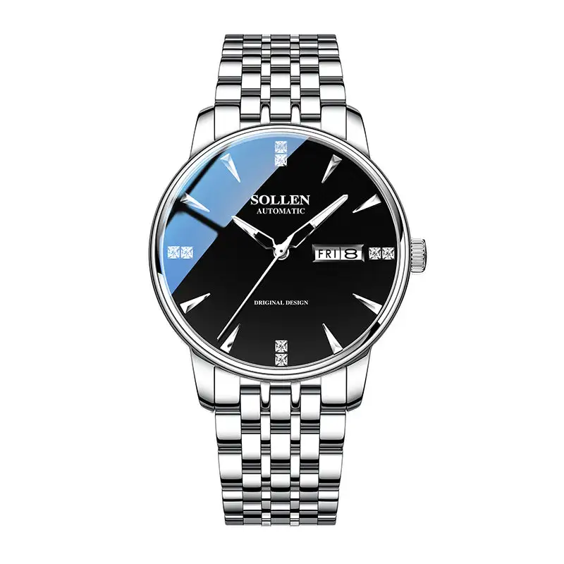 Sollen 9052 Automatic Watch - Men's Dress 8 Crystal Accent 8 Faceted Marker 7-Bead Stainless Steel Bracelet Wristwatch
