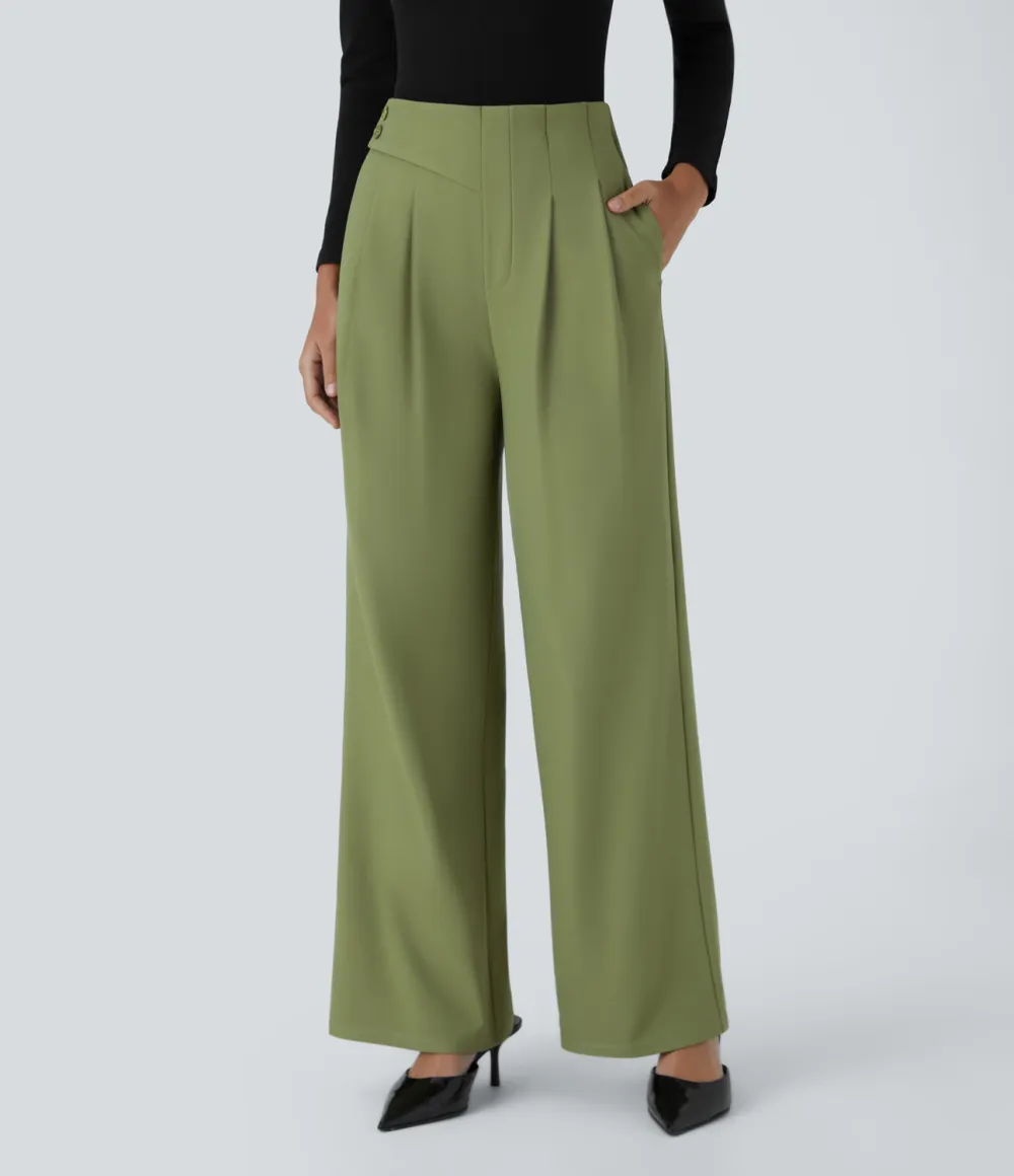  High Waisted Decorative Button Plicated Side Pocket Straight Leg Twill Work Pants
