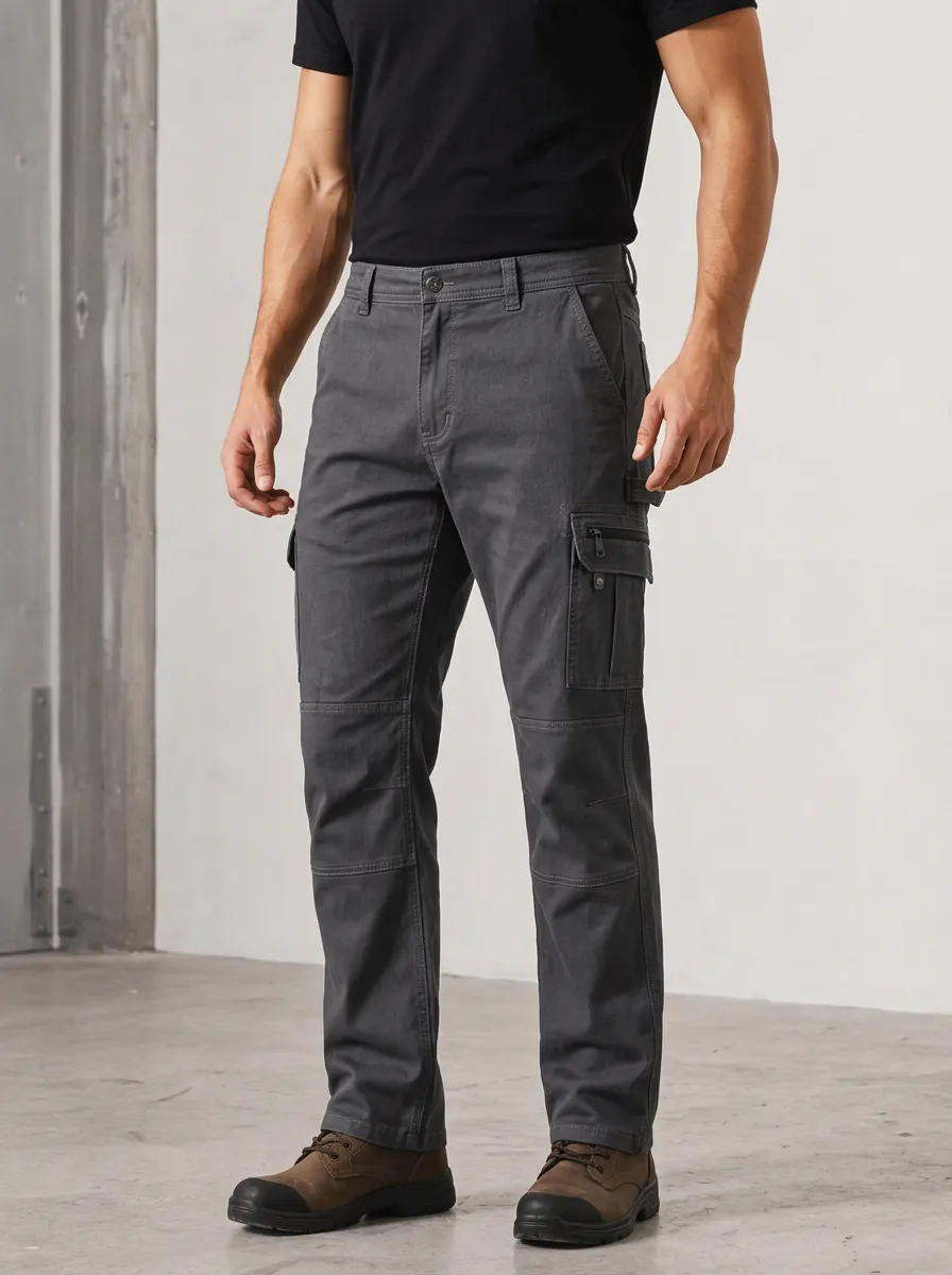 Men's Charcoal Grey Utility Cargo Pants with Reinforced Knee Detail
